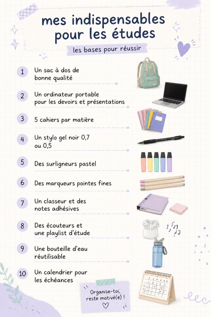 Des fournitures scolaires et outils de productivité sur un bureau d'études organisé.