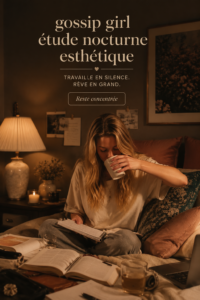 Coin d'études élégant inspiré de l'univers de Gossip Girl avec des décorations chic et une lumière tamisée.