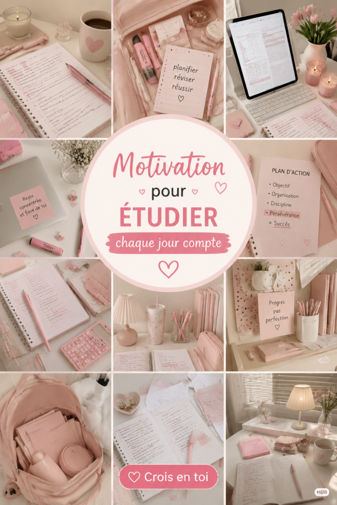 Un espace d'étude décoré en rose avec des fournitures et accessoires motivants.