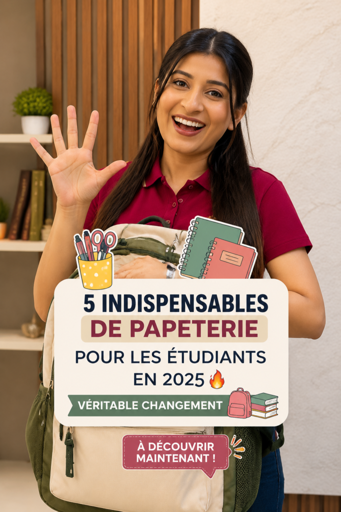 Articles de papeterie modernes pour étudiants en 2025 sur un bureau