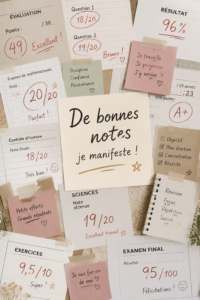 Un étudiant en train de réviser avec des notes bien organisées et des outils de manifestation
