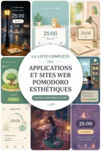 Capture d'écran d'une application Pomodoro sur un smartphone avec une interface esthétique.