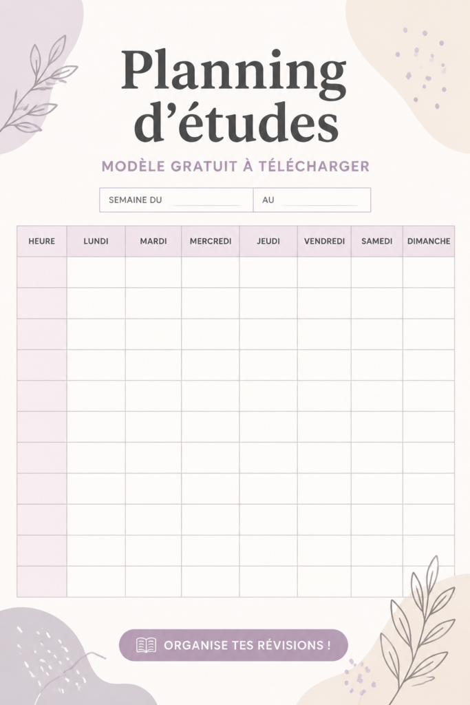 Modèle d'emploi du temps d'étude gratuit sur une tablette avec un fond de bureau.