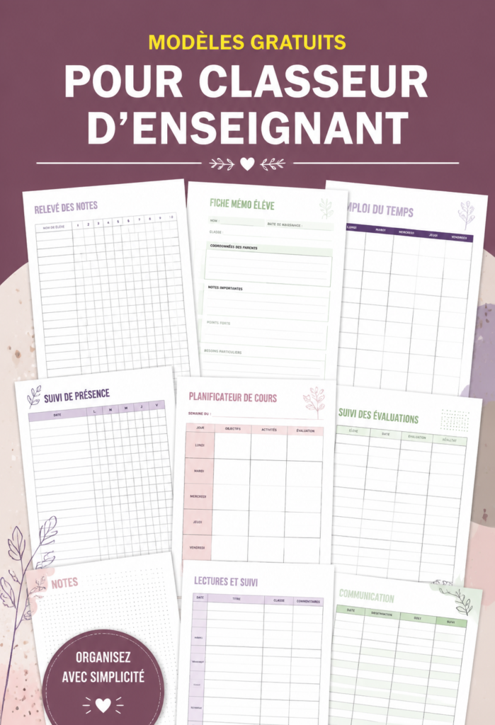 Un ensemble de modèles gratuits pour enseignants sur un bureau, illustrant une organisation de classe efficace.