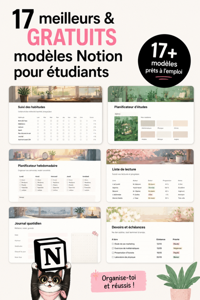 Capture d'écran d'un modèle Notion pour étudiants, illustrant son interface et ses fonctionnalités.