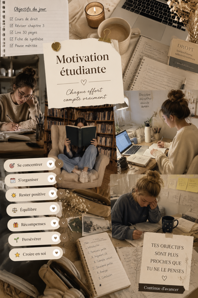 Un étudiant motivé devant son bureau, plein de fournitures d'études.