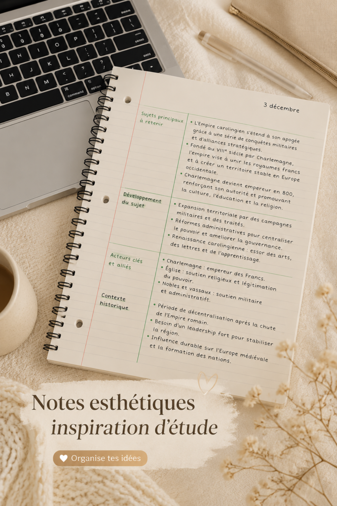 Des notes d'étude esthétiquement présentées avec des couleurs pastel et des illustrations.