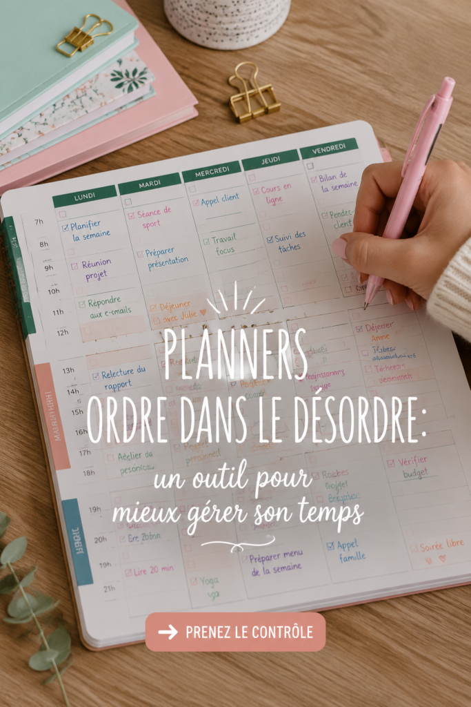 Un planner Order Out Of Chaos ouvert sur un bureau avec des fournitures scolaires, symbolisant l'organisation et la productivité étudiante.