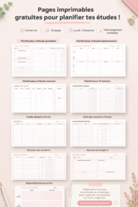 Un ensemble de pages imprimables pour la planification d'études, affichées sur un bureau.