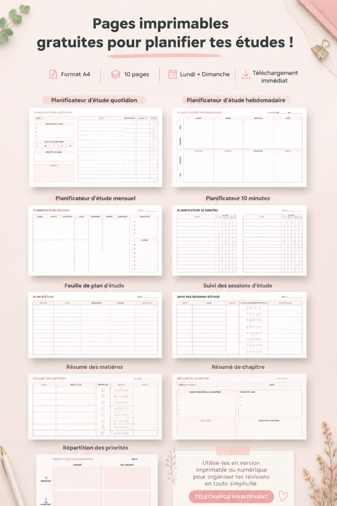 Un ensemble de pages imprimables pour la planification d'études, affichées sur un bureau.