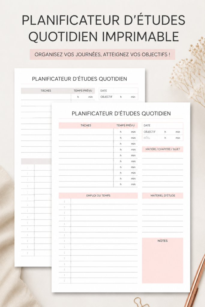Planificateur d'étude quotidien imprimable avec sections pour organiser les tâches
