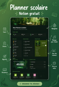 Planificateur Notion gratuit sur un fond de bureau avec du matériel de bureau