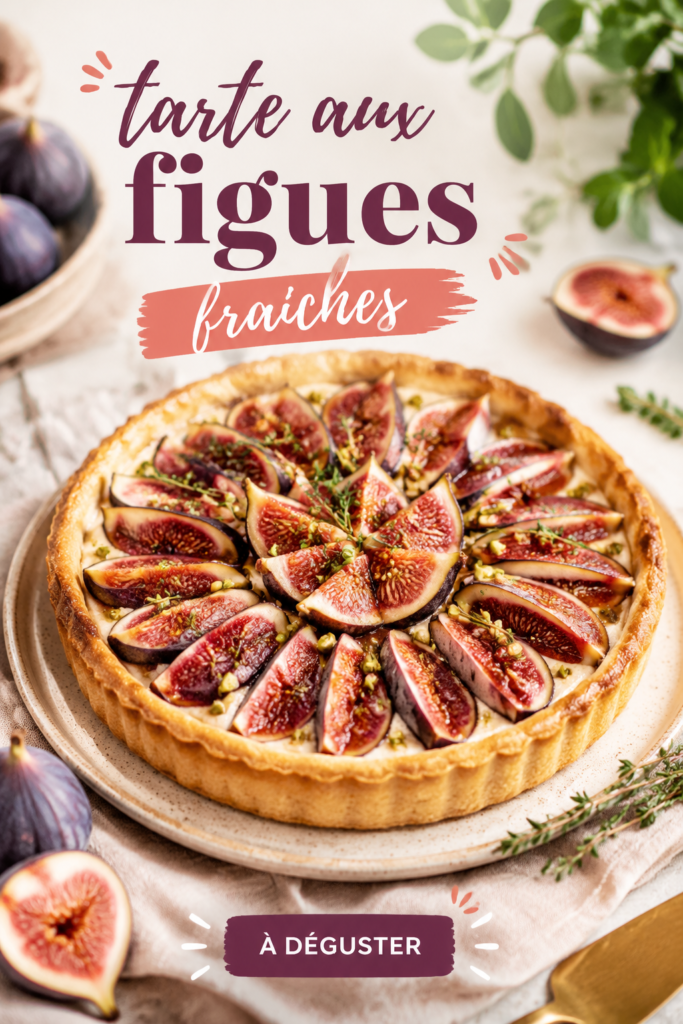 Tarte aux figues fraîches sortie du four, encore dorée, sur un plateau en bois.