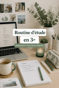 Un collégien studieux à son bureau, entouré de livres et de fournitures scolaires illustrant une routine d'étude efficace.