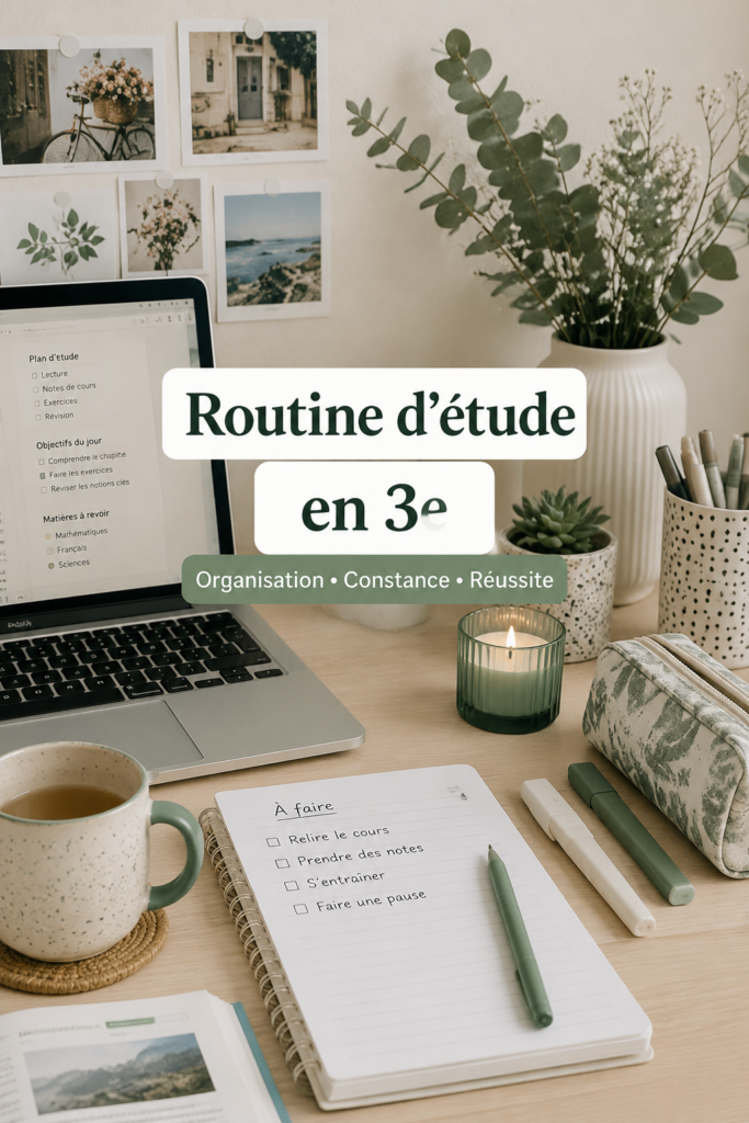 Un collégien studieux à son bureau, entouré de livres et de fournitures scolaires illustrant une routine d'étude efficace.
