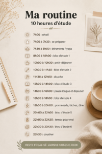 Étudiant à son bureau, concentré sur sa routine d'études de 10 heures.