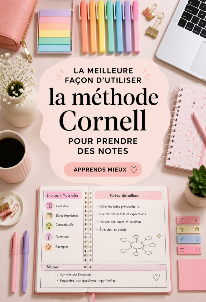 Illustration d'une feuille de notes selon la méthode Cornell, montrant la structure organisée.