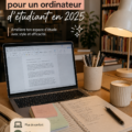 Un bureau étudiant esthétique avec un ordinateur portable et des accessoires colorés.