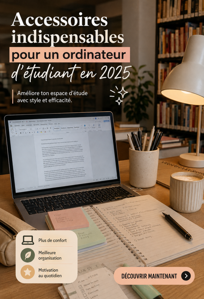 Un bureau étudiant esthétique avec un ordinateur portable et des accessoires colorés.