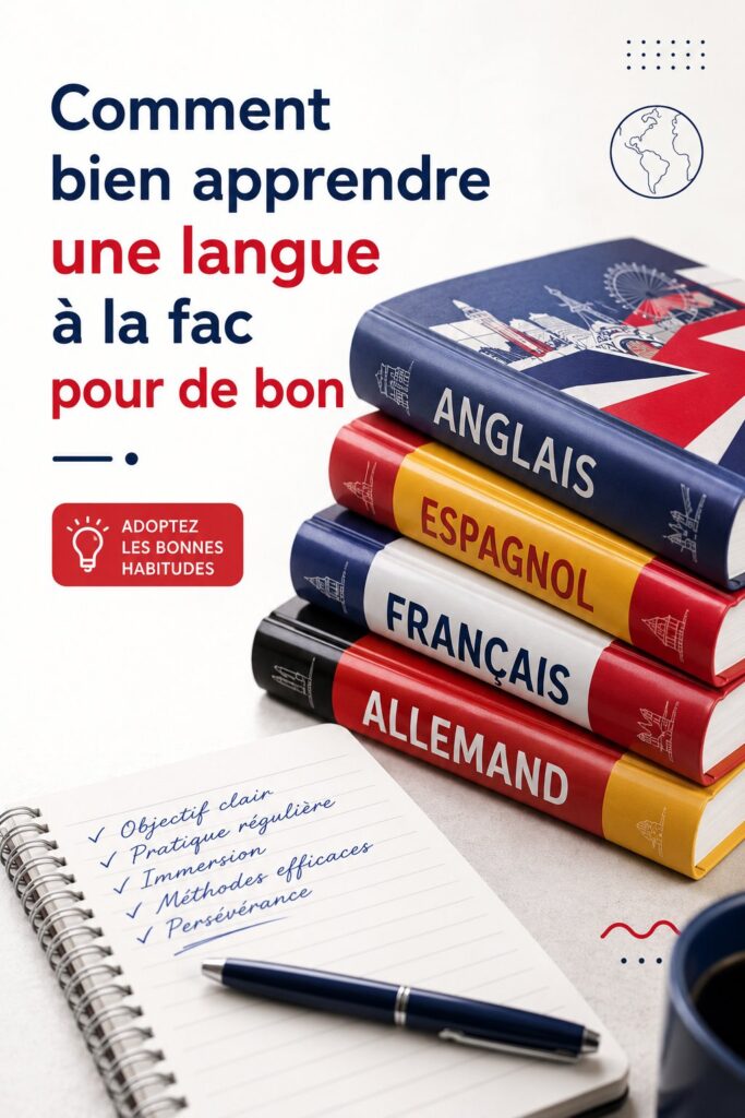 Étudiante concentrée sur son apprentissage d'une langue à l'université, entourée de livres et d'outils numériques.
