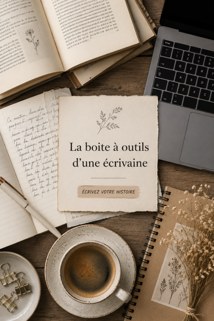 Une boîte à outils d'écrivaine bien organisée avec divers outils d'écriture.