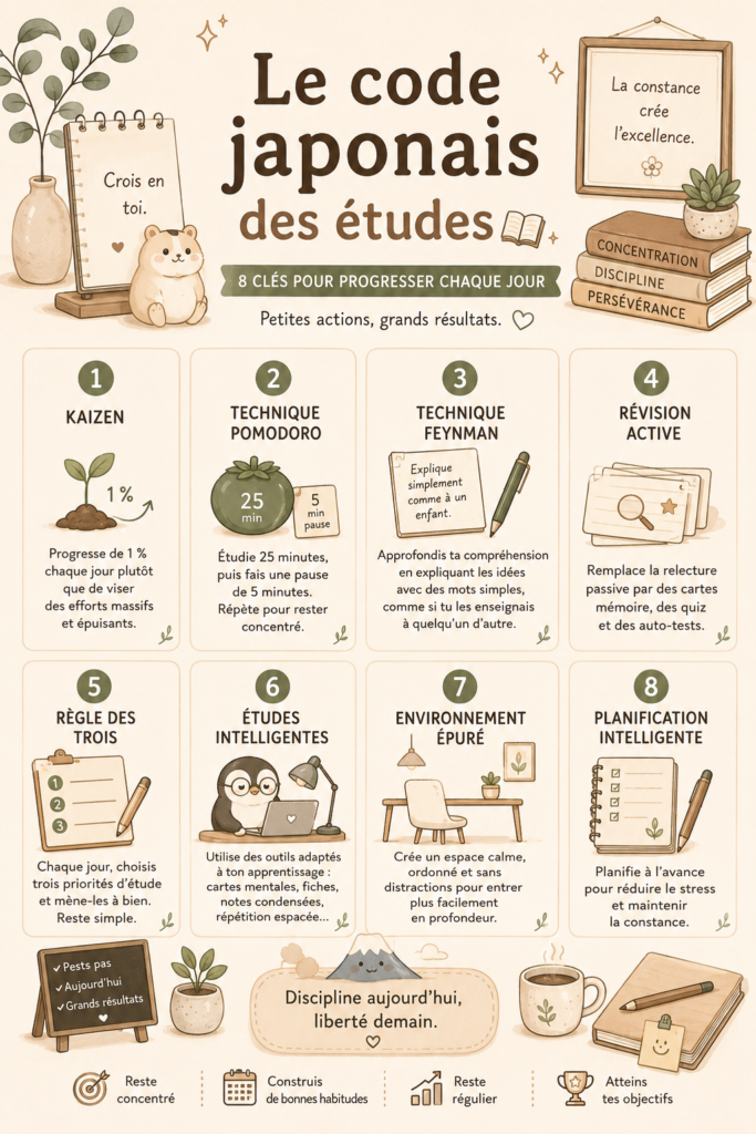 Étudiant utilisant des méthodes d'étude japonaises, entouré de livres et de fournitures scolaires.