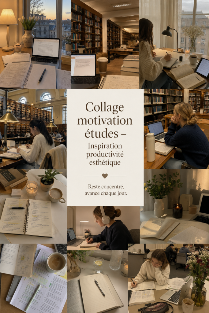 Un collage de motivation coloré et inspirant pour les étudiants, représentant des images et des citations motivantes.
