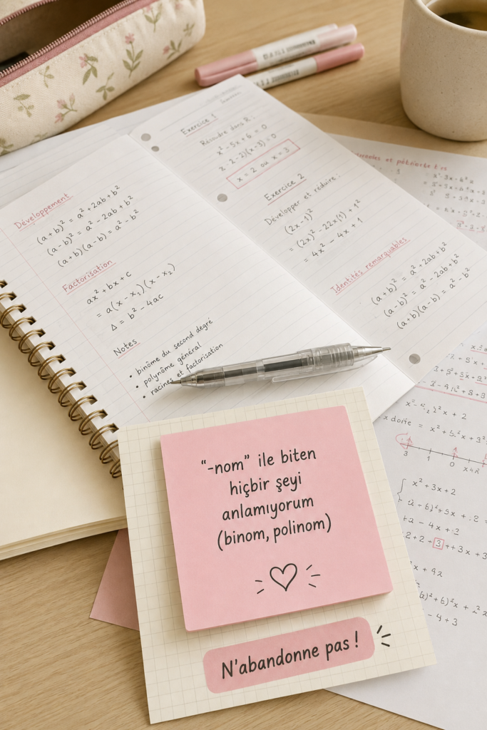 Un étudiant en train d'étudier la grammaire française autour de livres et de notes sur les noms.