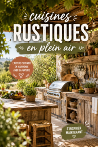 Une cuisine rustique en plein air, avec des meubles en bois et des équipements barbecue, entourée de verdure.