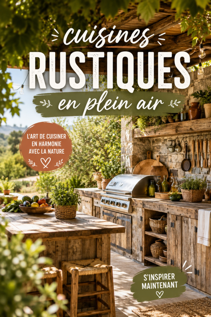 Une cuisine rustique en plein air, avec des meubles en bois et des équipements barbecue, entourée de verdure.