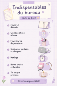 Un bureau étudiant bien organisé avec des fournitures et du matériel essentiel.