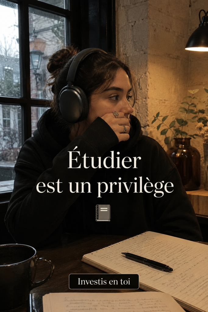 Un étudiant concentré sur ses études entouré de livres, illustrant le privilège d'apprendre.