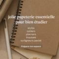 Collection de fournitures mignonnes pour l'étude, comprenant des stylos et un cahier esthétique.