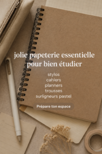 Collection de fournitures mignonnes pour l'étude, comprenant des stylos et un cahier esthétique.