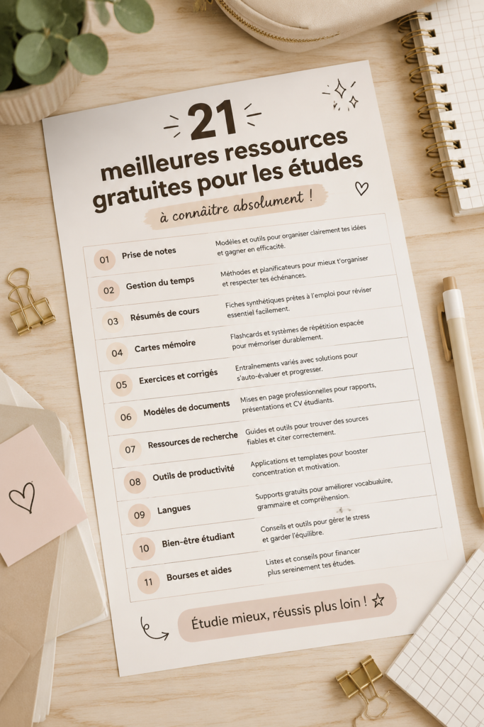 Imprimables gratuits pour étudiants sur un bureau étudiant