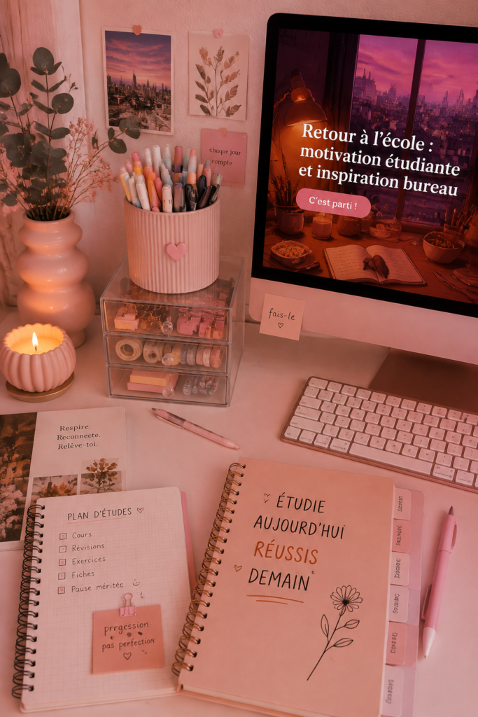 Un bureau d'étudiant bien organisé avec des fournitures colorées et des plantes