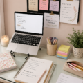 Étudiante concentrée et inspirée dans son espace de travail rempli de livres et de fournitures scolaires