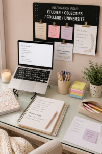 Étudiante concentrée et inspirée dans son espace de travail rempli de livres et de fournitures scolaires