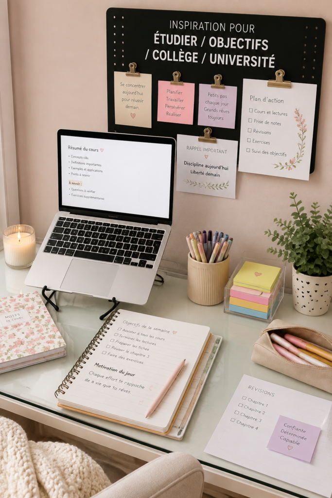 Étudiante concentrée et inspirée dans son espace de travail rempli de livres et de fournitures scolaires