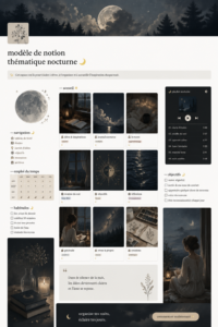 Modèle Notion sur le thème de la nuit, mettant en avant des éléments comme des étoiles et des couleurs sombres.