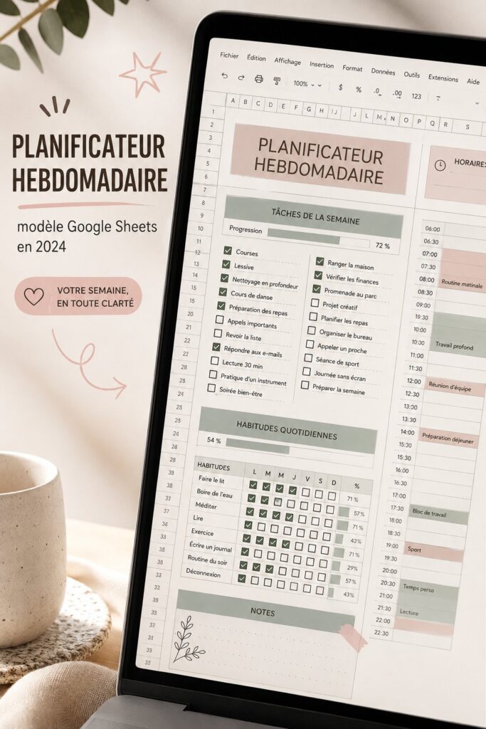 Modèle de planification hebdomadaire sur Google Sheets montrant une interface claire et organisée