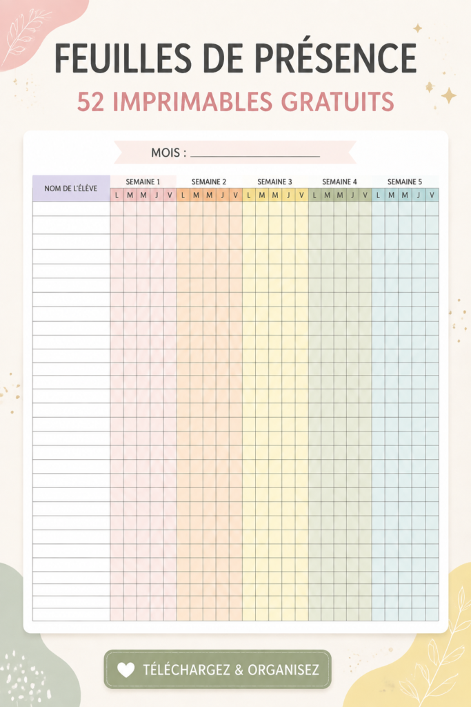 Modèle de feuille d'attendance à imprimer pour les étudiants