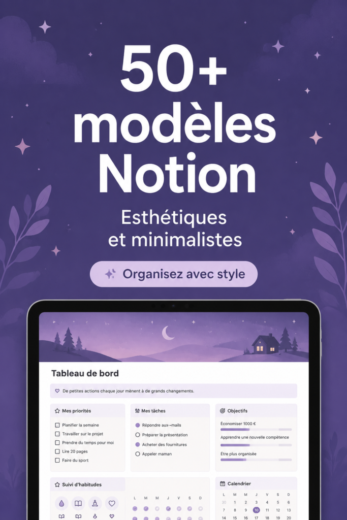 Capture d'écran d'un modèle Notion esthétique pour l'organisation d'études.