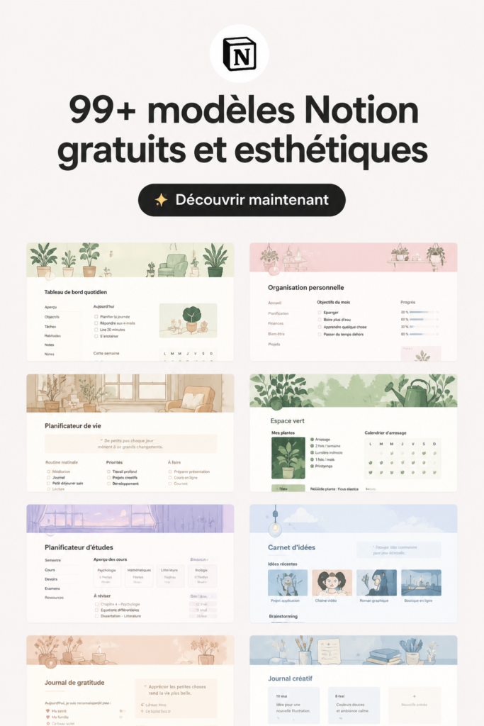 Un aperçu de plusieurs modèles Notion esthétiques et gratuits sur un ordinateur.