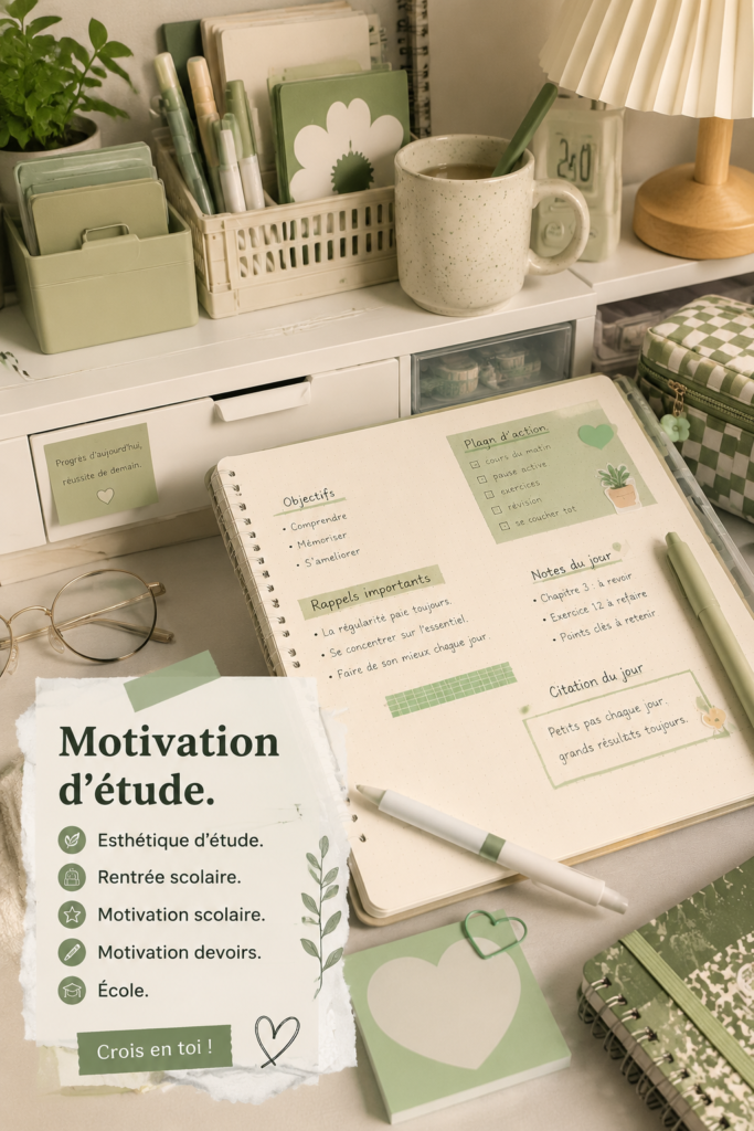 Un bureau d'étude organisé et esthétique avec des fournitures scolaires motivantes.