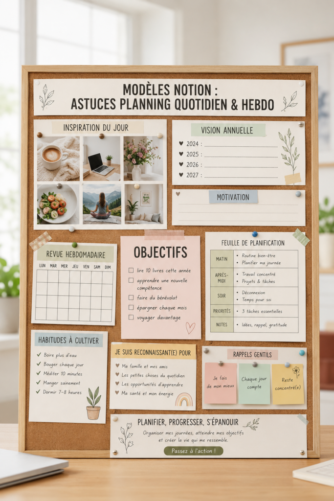 Exemple de la planification hebdomadaire sur Notion avec des sections claires et colorées pour une organisation optimale.