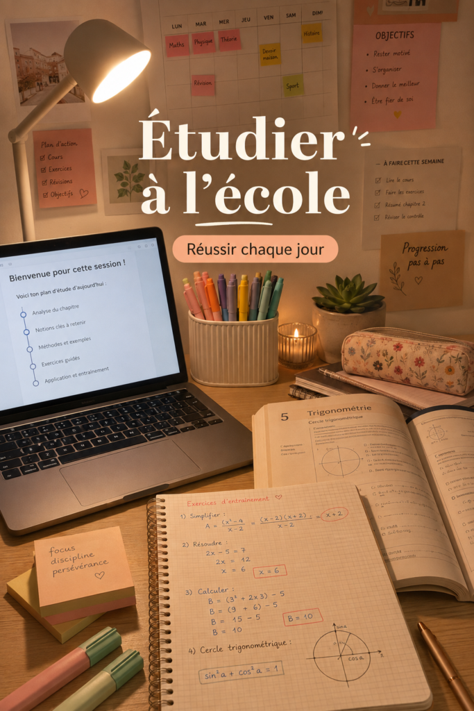 Une étudiante organisée en train d'étudier avec des outils de planification.