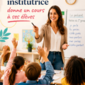 Une institutrice souriante enseigne à une classe d'élèves attentifs, illustrant l'engagement en classe.