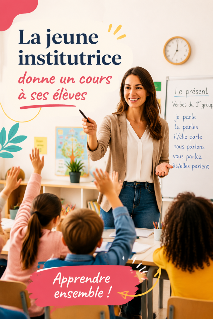 Une institutrice souriante enseigne à une classe d'élèves attentifs, illustrant l'engagement en classe.