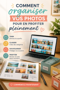 Une personne triant des photos sur un bureau, organisant ses souvenirs
